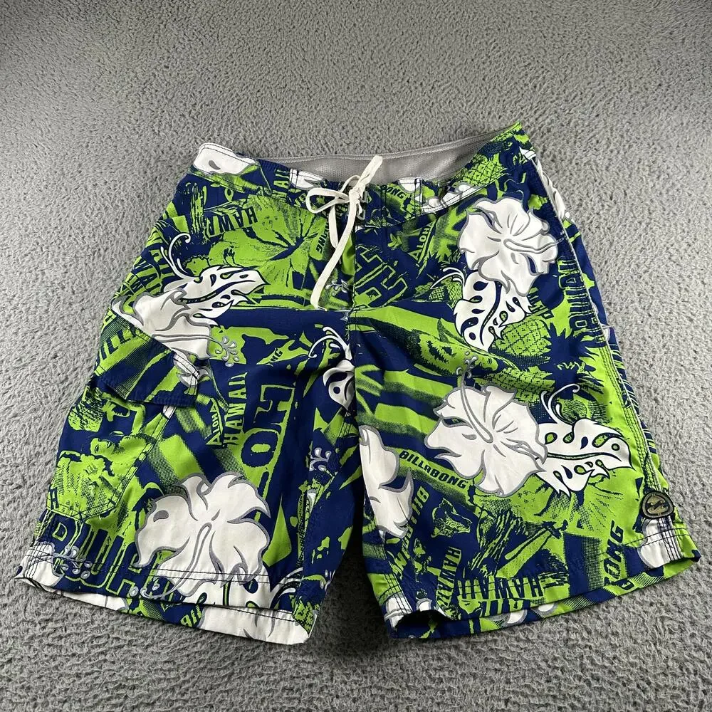 Vtg Billabong Board Shorts Mens 36 Blue Green Floral Hawaiian Surf Swim Trunks